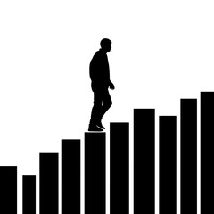 Fototapeta premium Silhouette of a man walking upward on bar chart steps, symbolizing growth and progress. 