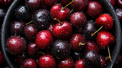 Overhead Bowl Filled With Ripe Cherries