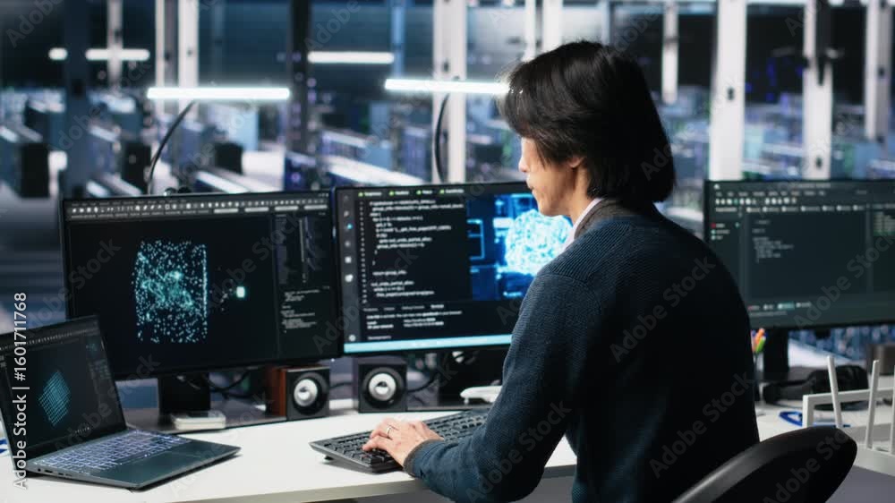 Poster data center system administrator managing ai systems for uptime and efficiency. it employee using ar