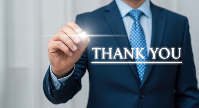 Professional businessman in suit highlighting Thank You message with modern digital interface, gratitude concept