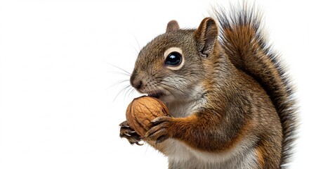 Obraz premium Adorable squirrel happily gnaws walnut against bright white background. AI Generated