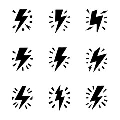 Set of stylized lightning bolts with radiating energy effect.