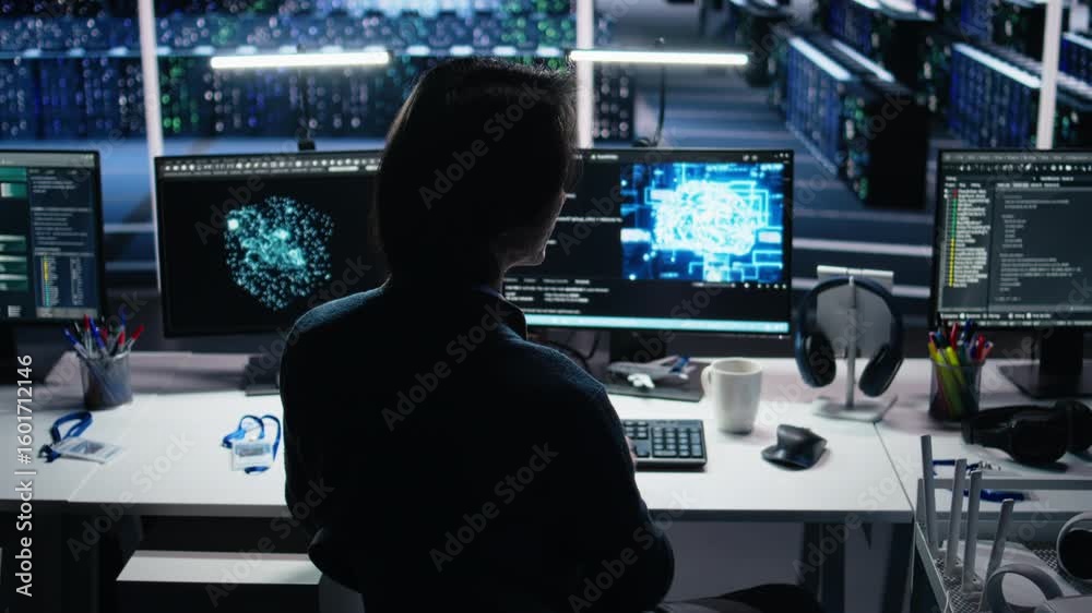 Poster data center system administrator working on artificial intelligence neural network software developm