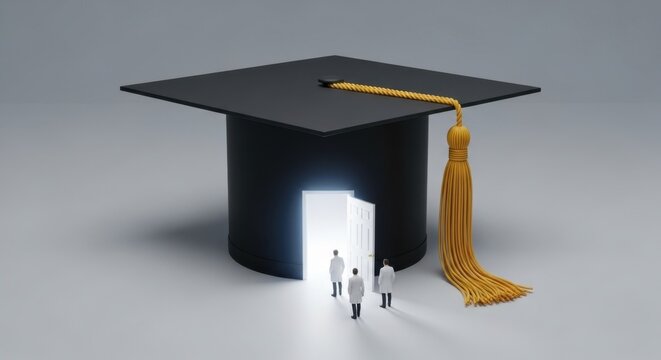 Graduation concept with doctors entering an open door inside a mortarboard, symbolizing education and opportunity