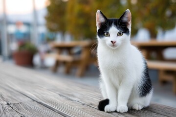 Adorable black and white cat relaxing on the wooden patio