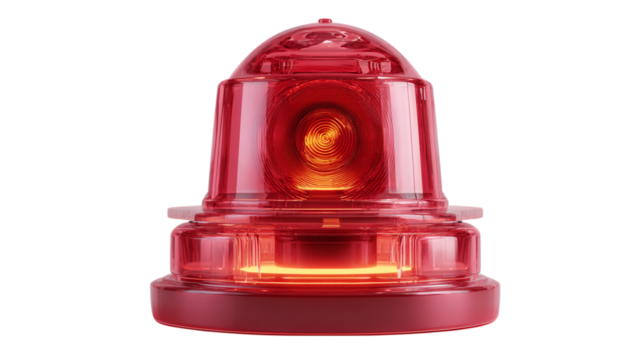 Flashing red emergency siren light in toy-like 3D style with glowing base isolated on transparent background 