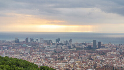 Obraz premium Panorama of Barcelona timelapse, Spain, viewed from the Bunkers of Carmel