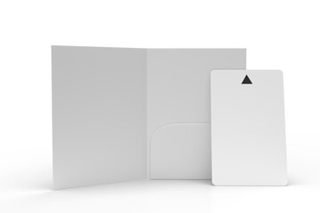 3D Realistic plastic hotel apartment keycard with magnetic strip and booklet holder, open leaflet mockup isolated on background. Blank template for branding hotel key card, credit card, guest room