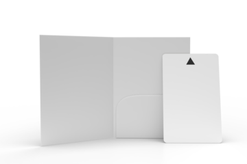 3D Realistic plastic hotel apartment keycard with magnetic strip and booklet holder, open leaflet mockup isolated on background. Blank template for branding hotel key card, credit card, guest room