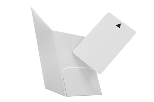 3D Realistic plastic hotel apartment keycard with magnetic strip and booklet holder, open leaflet mockup isolated on background. Blank template for branding hotel key card, credit card, guest room