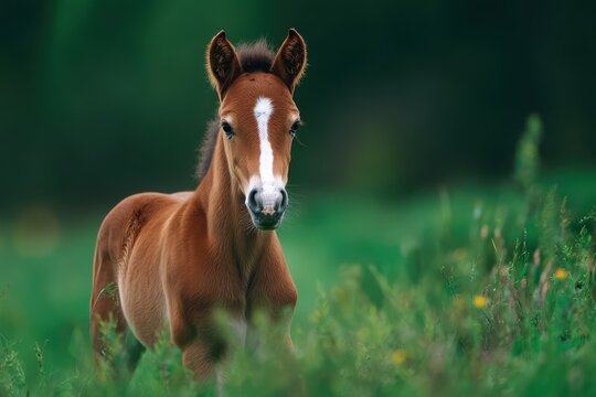 Adorable chestnut colt on spring grass