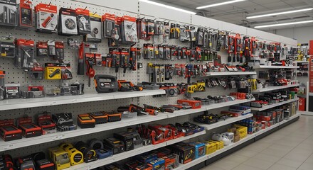 Brightly lit hardware store aisle displays neatly organized tools and equipment. AI Generated