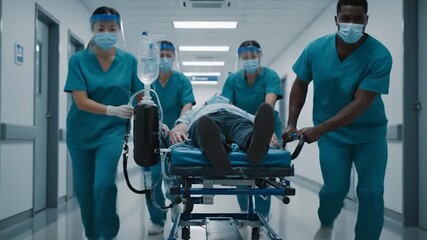 Emergency department doctors, nurses and surgeons moving seriously injured patient lying on a stretcher through hospital corridors. Medical staff in hurry move patient into operating theater concept. - Powered by Adobe