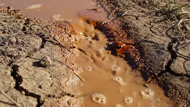 Close Up View Of Brown Muddy Water Bubbling Along Cracked Earth Surface On Sunny Day