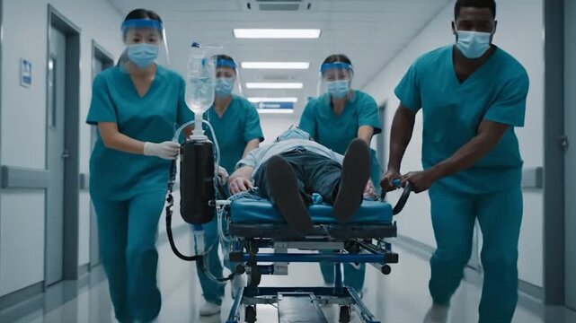 Emergency department doctors, nurses and surgeons moving seriously injured patient lying on a stretcher through hospital corridors. Medical staff in hurry move patient into operating theater concept.