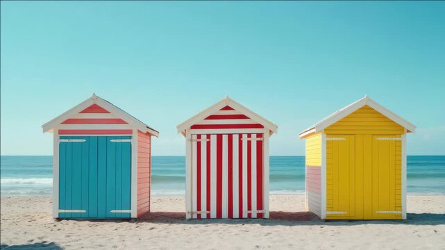 Three beach shelters standing in a row on the sandy shore. The brightly colored huts have striped designs.