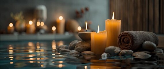 Anamorphic video calming spa scene with candles serene decor for a wellness and relaxation - Powered by Adobe
