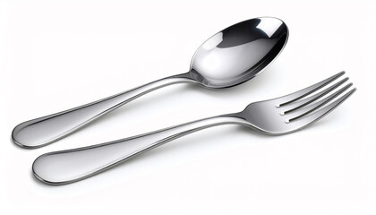silver spoon and fork with soft shadow on white background