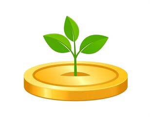 Green plant sprouting from golden coin base in vector illustration, symbolizing eco investment, sustainable growth, and environmental financial concepts on white background
