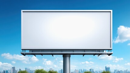 Fototapeta premium The concept of the impact of economic sanctions. A large blank billboard stands tall against a bright blue sky with city buildings and greenery in the background.