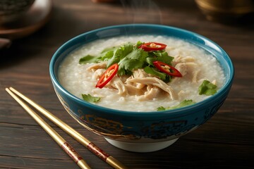 A comforting bowl of congee with shredded chicken chili and cilantro rice porridge chicken congee