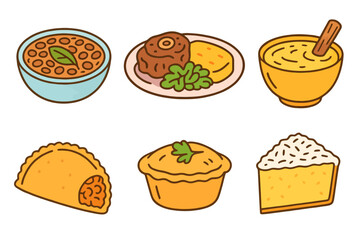 Cartoon food icons from Brazil: carioca beans, rabada, curau, pastel, empadinha, and mandioca cake. Colorful, clean lines, no text, transparent background.