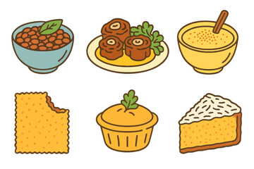 Brazilian cuisine illustrated in cartoon style with soft colors and no writing. Ideal for food UI kits, editorial stock or recipe visuals.