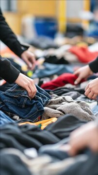 Volunteers are organizing and sorting a pile of clothing at a charitable event, looking for specific items to donate or distribute.