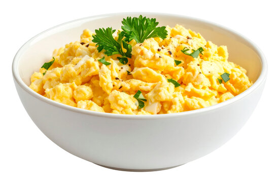 a white bowl of scrambled egg isolated on white background