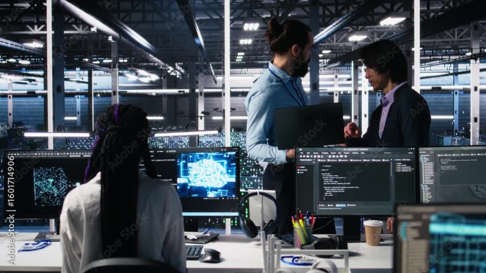 Poster team of data center engineers using machine learning algorithms to analyze large datasets. server fa