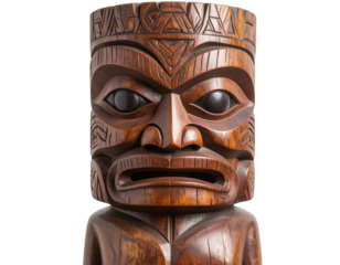 Polynesian wooden tiki statue with carved face, isolated on a transparent background