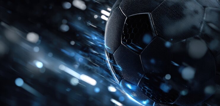 Dark soccer ball in motion, blurred blue streaks and bokeh create a sense of speed and energy