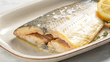Lemon replacing salt on steamed healthy fish dish concept. Delicious baked salmon fillet with lemon and herbs.