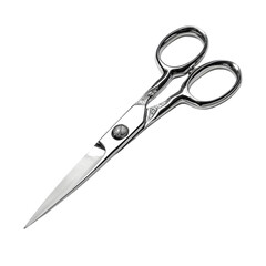 Obraz premium Elegant polished metal scissors with ornate detailing and a sharp blade isolated on transparent background