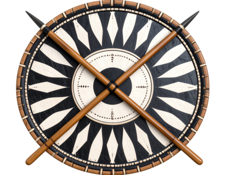 Zulu shield with crossed spears and cowhide pattern, isolated on a transparent background