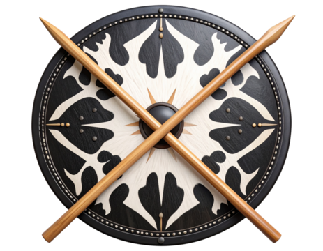 Zulu shield with crossed spears and cowhide pattern, isolated on a transparent background