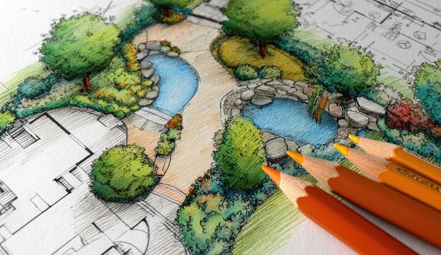 Detailed landscape design sketch with colored pencils, showcasing a backyard with ponds, pathways, and lush greenery overlaid on architectural blueprints