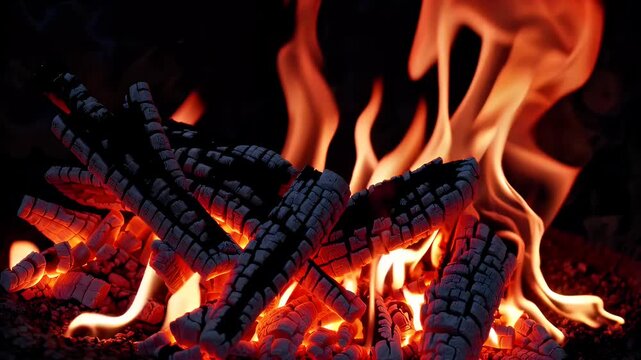 Close focus embers glow beneath charred logs while tongues flame writhe coal black backdrop leaving generous negative space text new descriptor touts K realism mood setting warmth adaptability grill