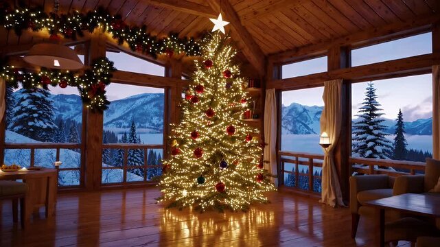 Time lapse alpine chalet transforms from daylight sparkle to twinkling evening snow falls beyond picture window Christmas tree glowing our forty word rewrite focuses heart warming mood flawless K