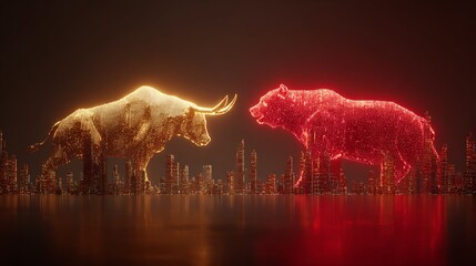 A scene of a glowing golden bull and a glowing red bear standing face to face above a city where tall buildings have become a sci-fi market price chart.