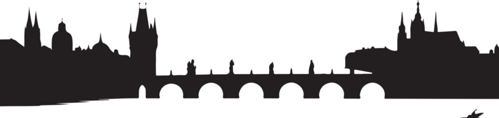 Prague skyline silhouette vector black with Charles Bridge and Prague Castle fairytale architecture on white background © rs_studios