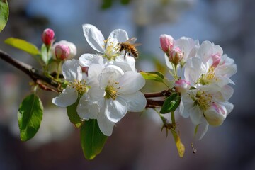 Apple tree blooms and bees in spring