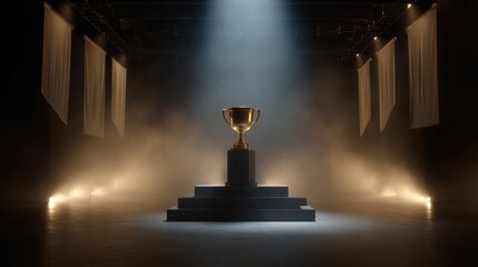 Geometric trophy cup on esports stage with dramatic spotlights and atmospheric mood