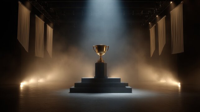 Geometric trophy cup on esports stage with dramatic spotlights and atmospheric mood
