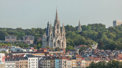 Obraz premium Aerial view of Notre Dame de Laeken church spires timelapse in Brussels, Belgium.