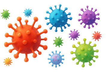 Colorful virus particles floating in digital space, showcasing microscopic structure with detailed 3d rendering against transparent backdrop
