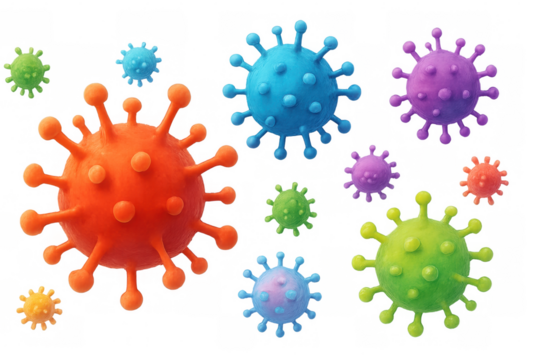 Colorful virus particles floating in digital space, showcasing microscopic structure with detailed 3d rendering against transparent backdrop
