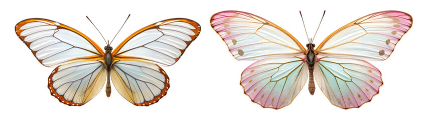 Discover the delicate beauty of two iridescent butterflies with stunning white, pink, and blue wings on transparent background, Png