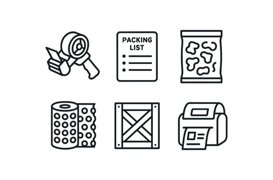 straight perfect stroke icon mono icons style isolated packing tape dispenser packing list sheet packing peanuts bag packing bubble wrap roll packing crate module packing label printer