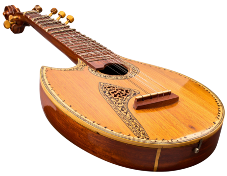 Indian sitar instrument with tuning pegs and decorated body, isolated on a transparent background
